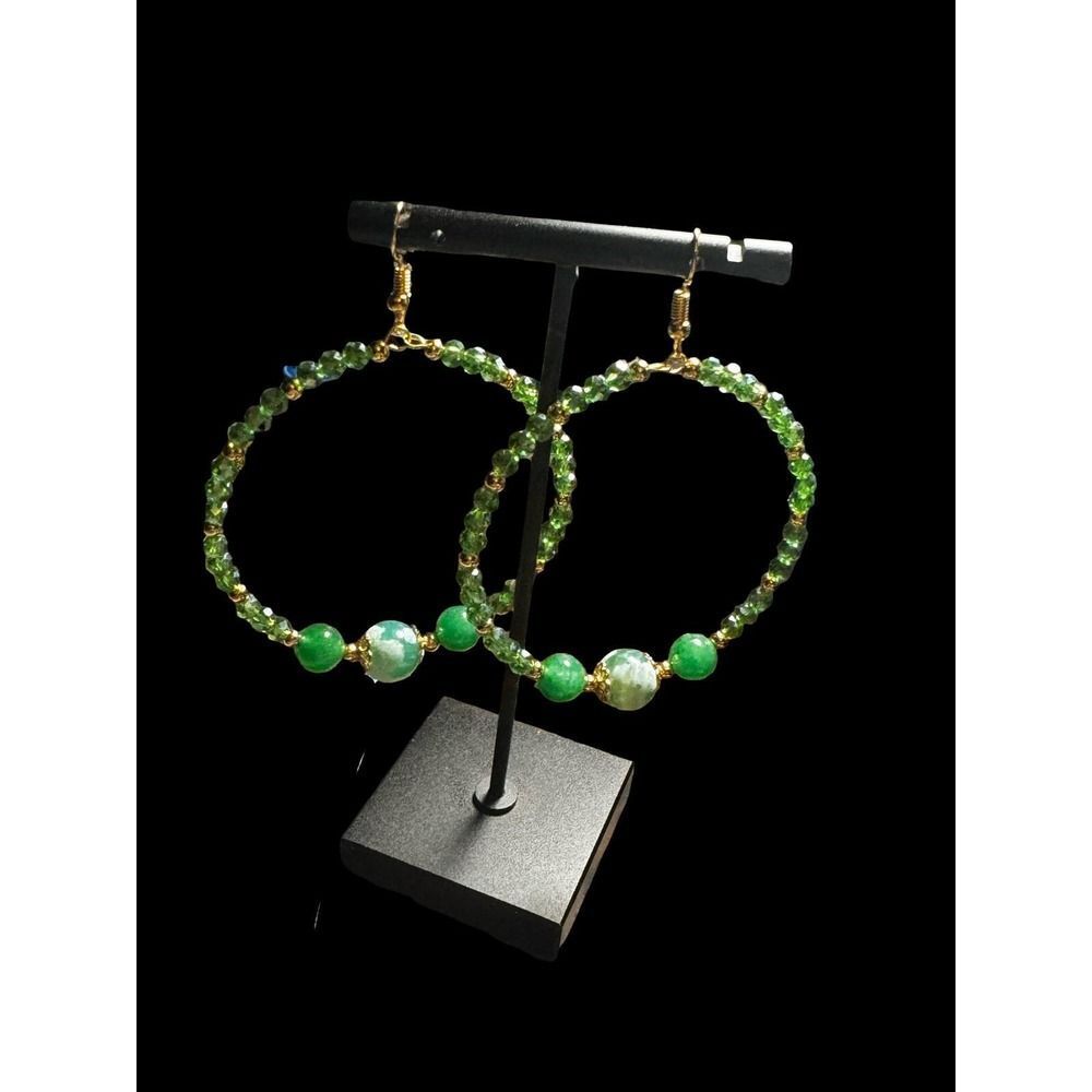 Green Beaded Hoop Earrings Boho Glass Crystal Dangle Handmade Statement NEW